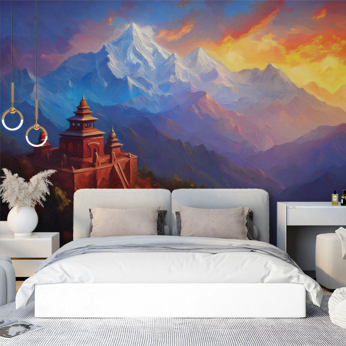 Himalayan Temple Mural Wallpaper — Artistic Mountain Landscape Mural Wallpaper - pure wallpaper artwork