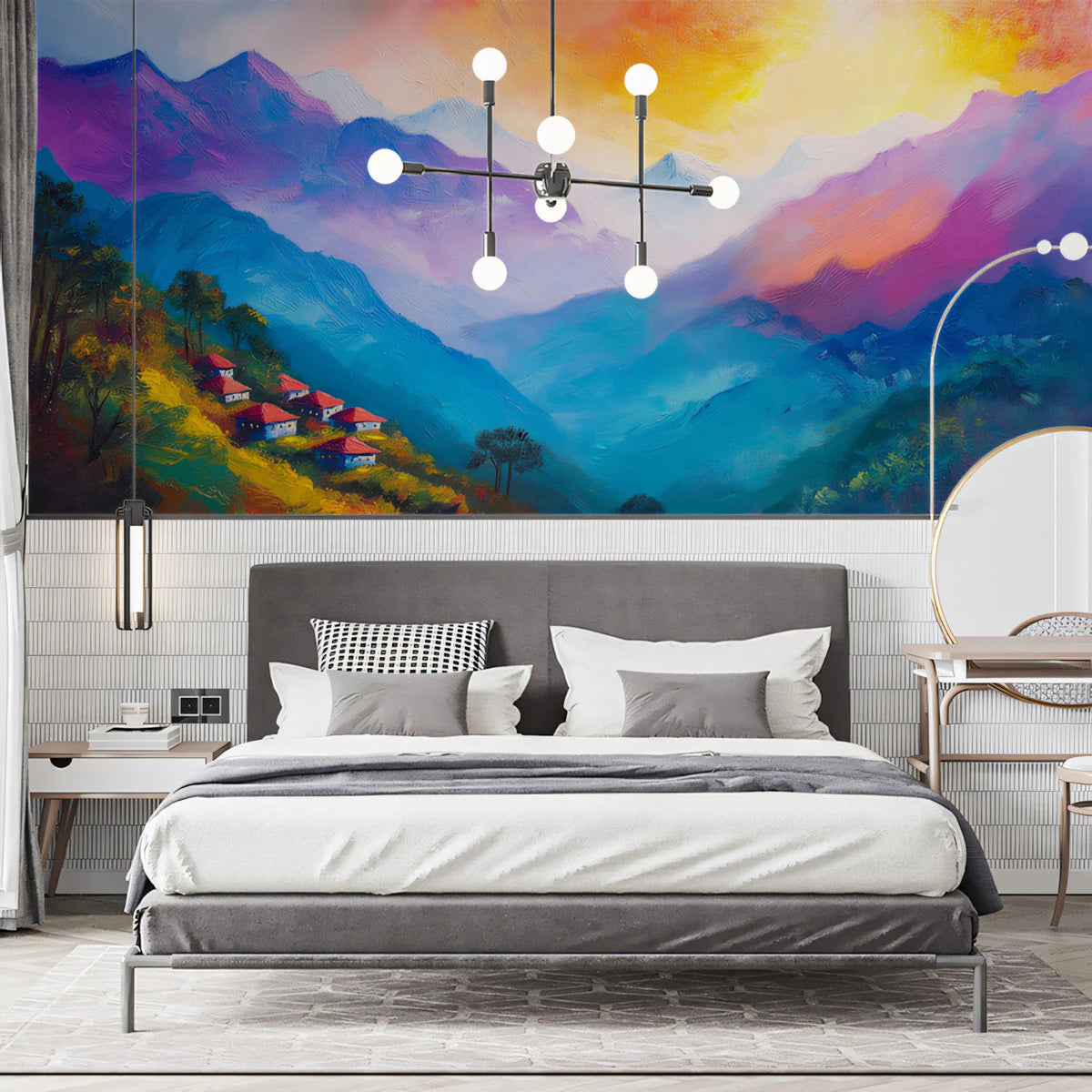 Mountain Hamlet Landscape Mural Wallpaper in Impressionist Style Mural Wallpaper - pure wallpaper artwork