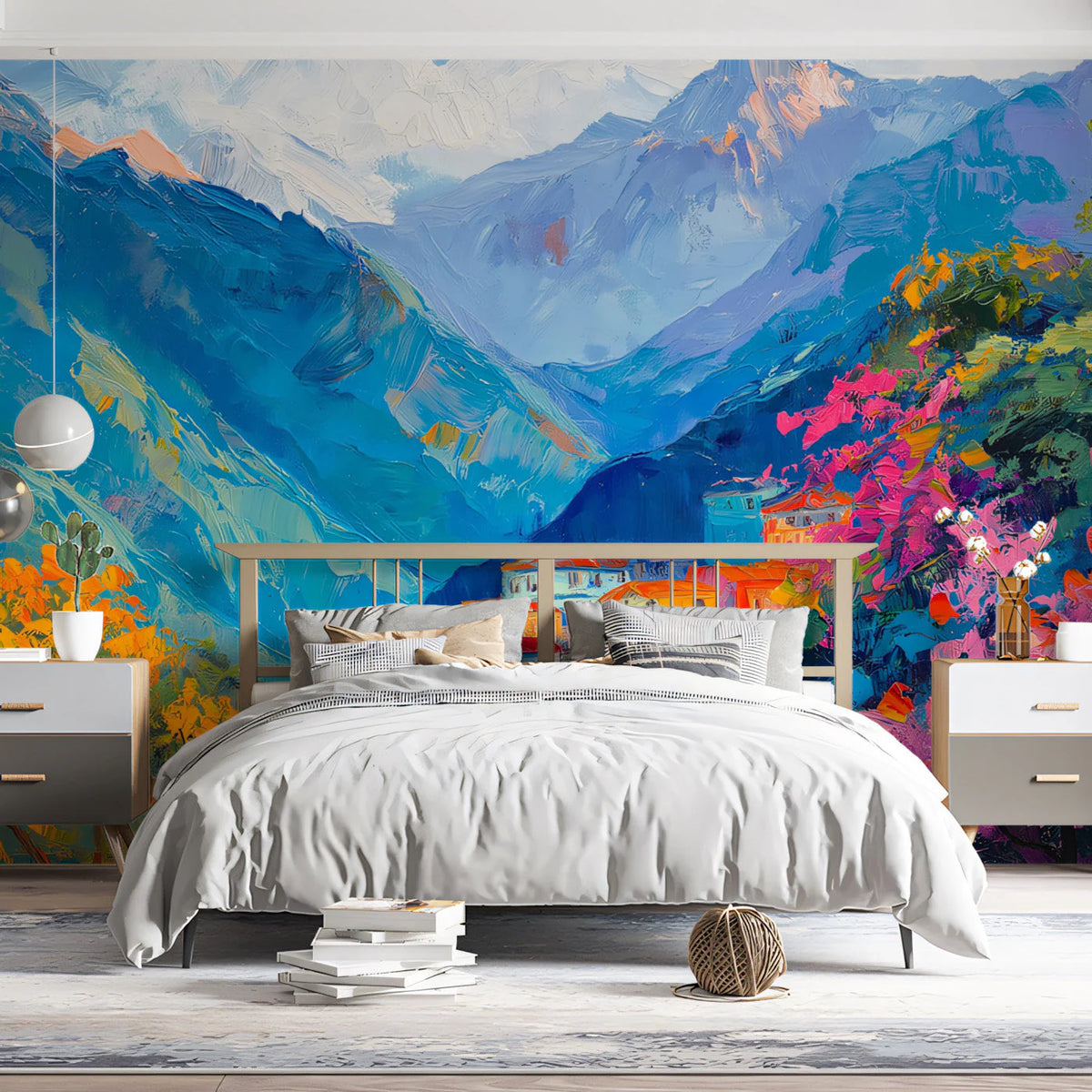 Mountain Hamlet Mural Wallpaper — Vibrant Impressionist Landscape Mural Wallpaper - pure wallpaper artwork