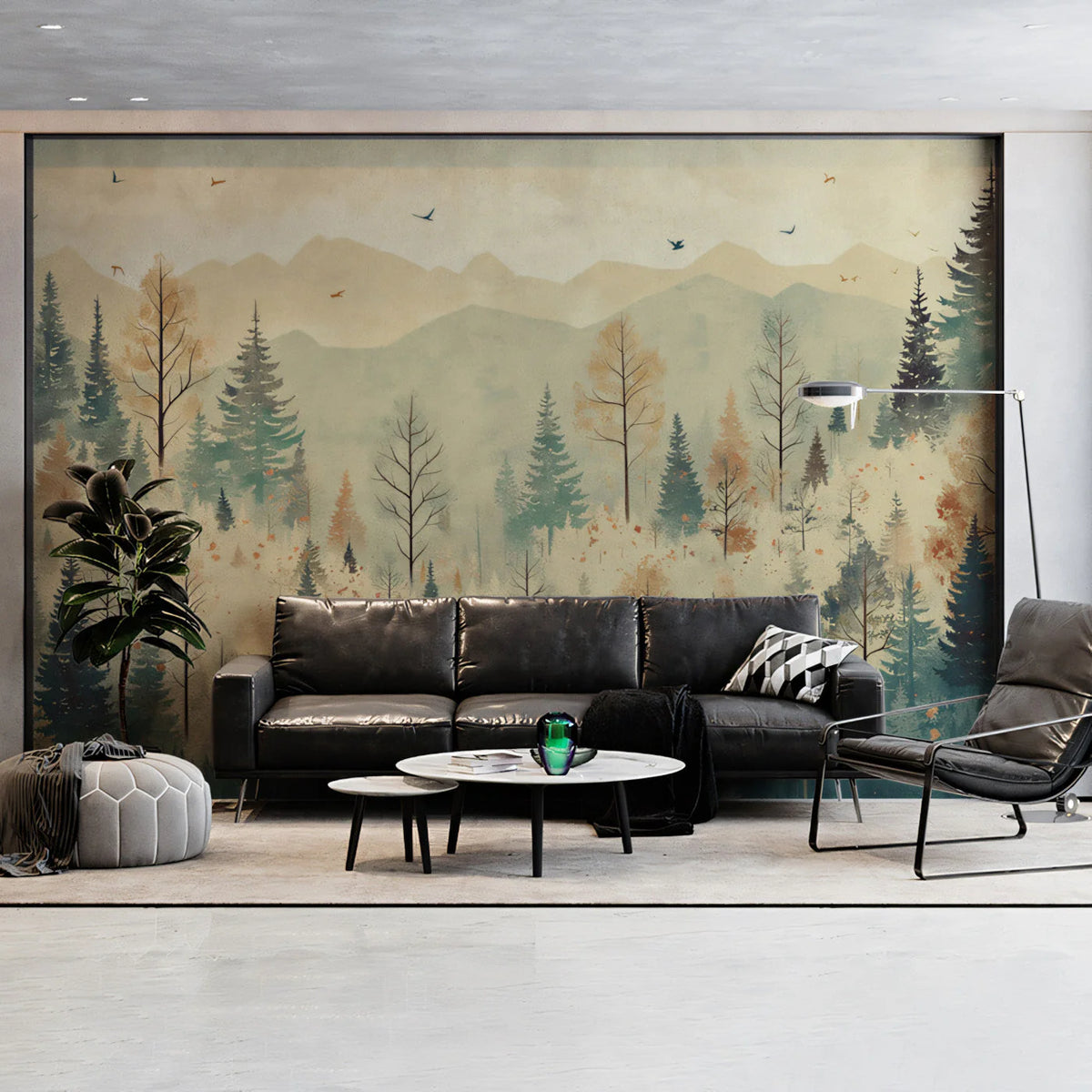 Misty Alpine Forest Mural Wallpaper in Earthy Watercolor Tones Mural Wallpaper - pure wallpaper artwork