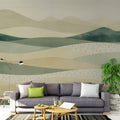 Abstract Rolling Hills Mural Wallpaper — Sage and Ochre Minimalist Mural Wallpaper - pure wallpaper artwork