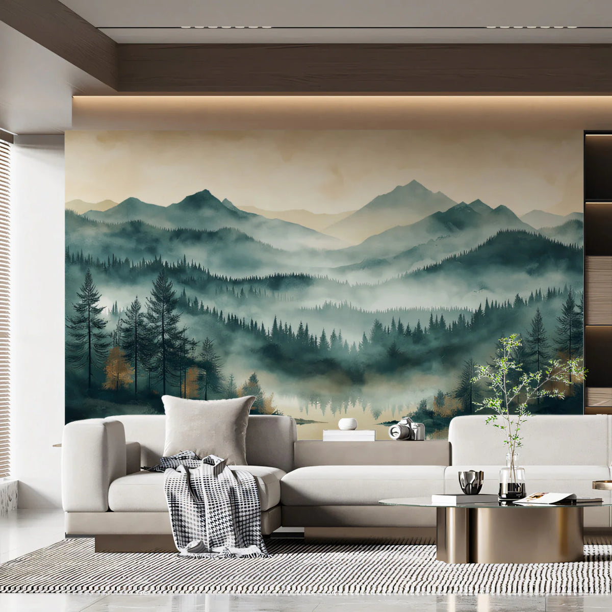 Misty Mountain Forest Mural Wallpaper — Ethereal Woodland Scenic Mural Wallpaper - pure wallpaper artwork