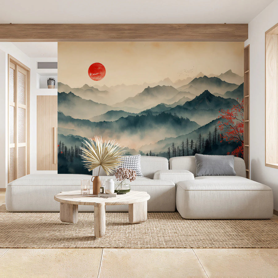 Sun Mountain Reverie Mural Wallpaper — Oriental Landscape Design Mural Wallpaper