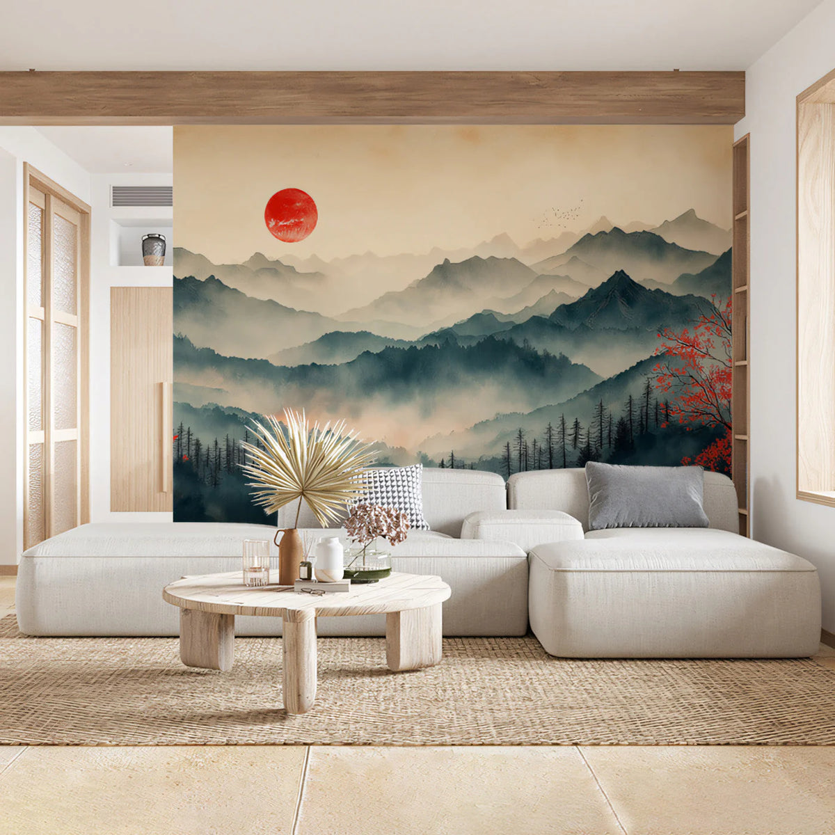 Sun Mountain Reverie Mural Wallpaper — Oriental Landscape Design Mural Wallpaper - pure wallpaper artwork