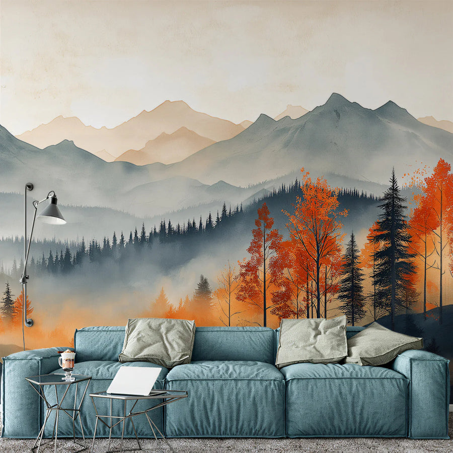 Autumn Mountain Vista Mural Wallpaper — Painterly Forest Scene Mural Wallpaper