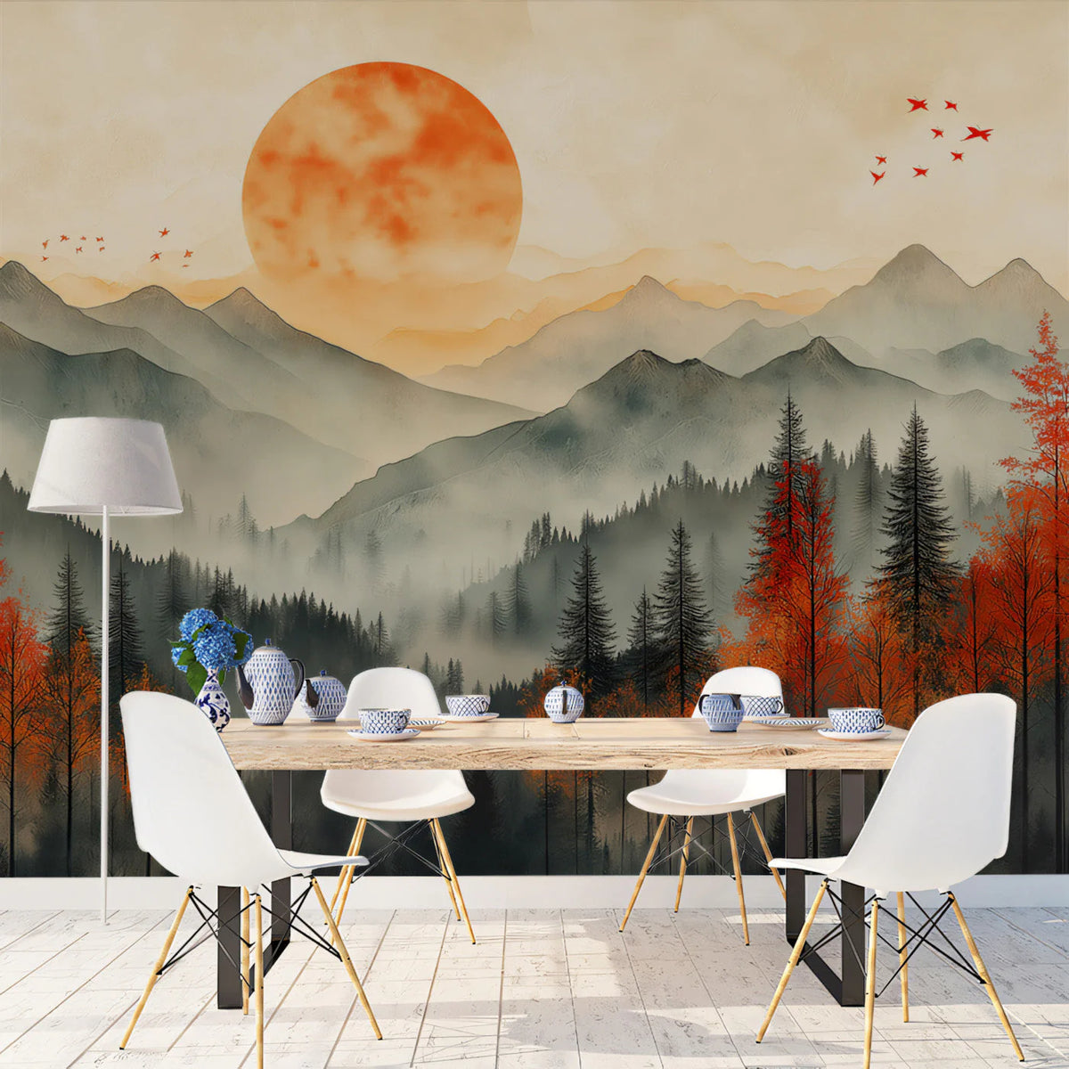 Misty Autumn Mountain Mural Wallpaper in Burnt Orange and Charcoal Mural Wallpaper - pure wallpaper artwork