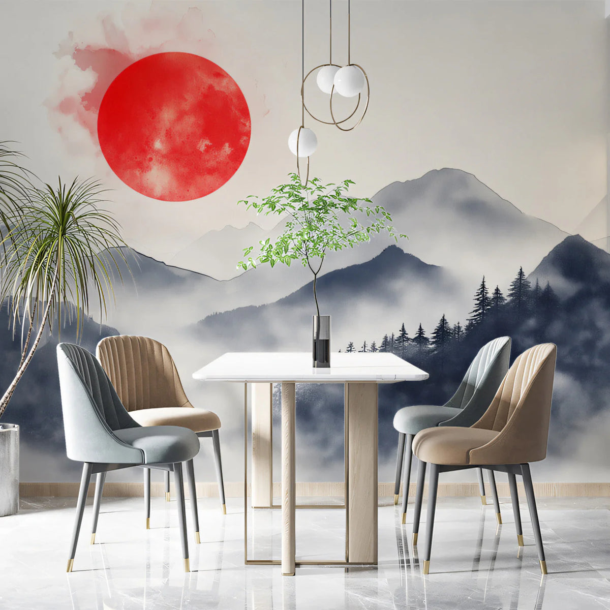 Crimson Sun Mountain Horizon Mural Wallpaper — Artistic Ink Wash Mural Wallpaper - pure wallpaper artwork