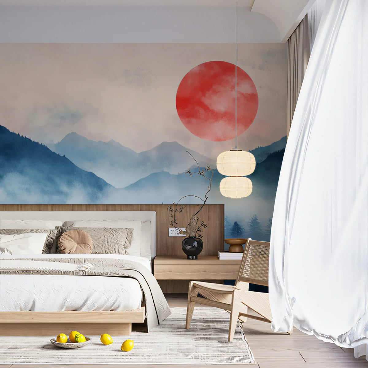 Crimson Mountain Mist Mural Wallpaper — Artistic Forest Landscape Mural Wallpaper - pure wallpaper artwork