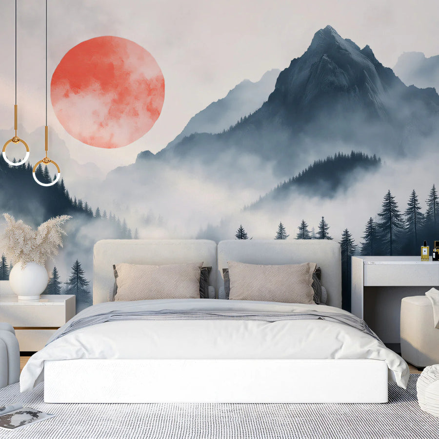 Crimson Moon Over Misty Mountains Mural Wallpaper