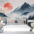 Crimson Moon Over Misty Mountains Mural Wallpaper - pure wallpaper artwork