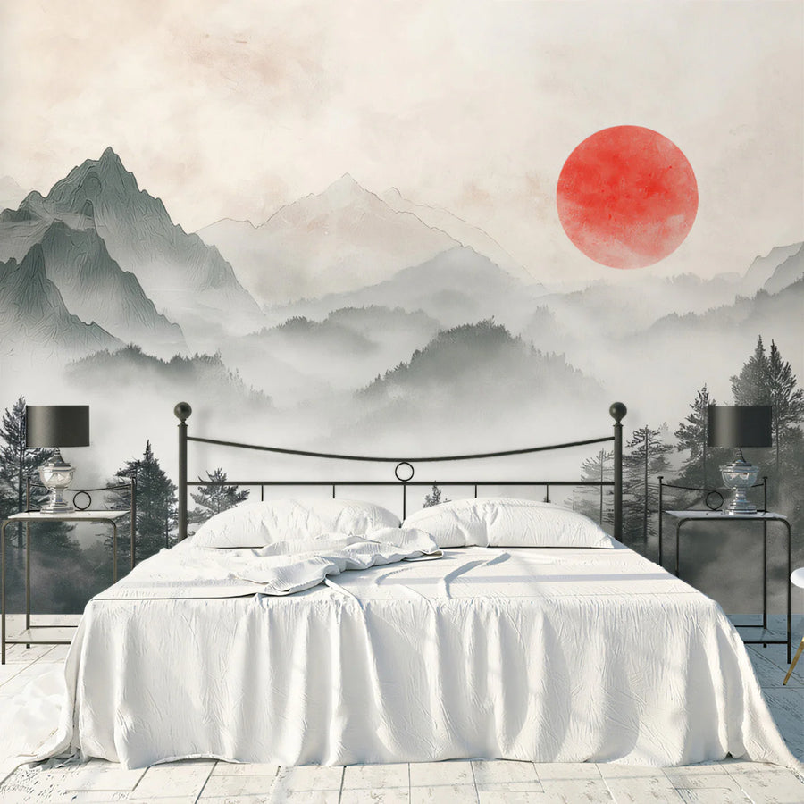 Sun Mountain Ink Wash Mural Wallpaper — Traditional Japanese Style Mural Wallpaper