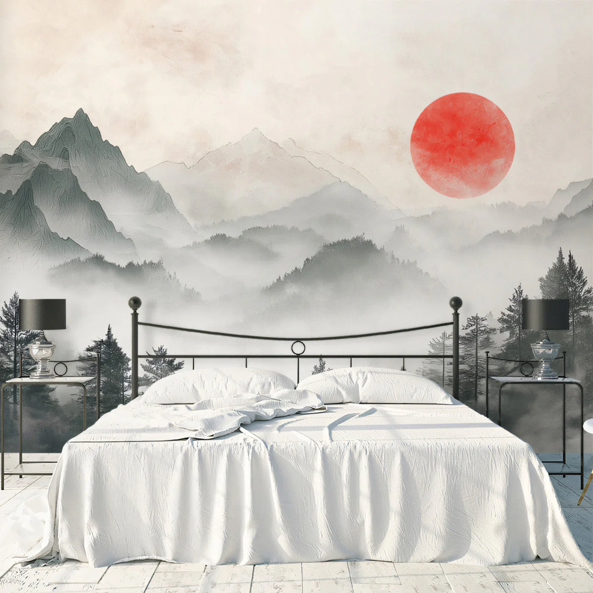 Sun Mountain Ink Wash Mural Wallpaper — Traditional Japanese Style Mural Wallpaper - pure wallpaper artwork