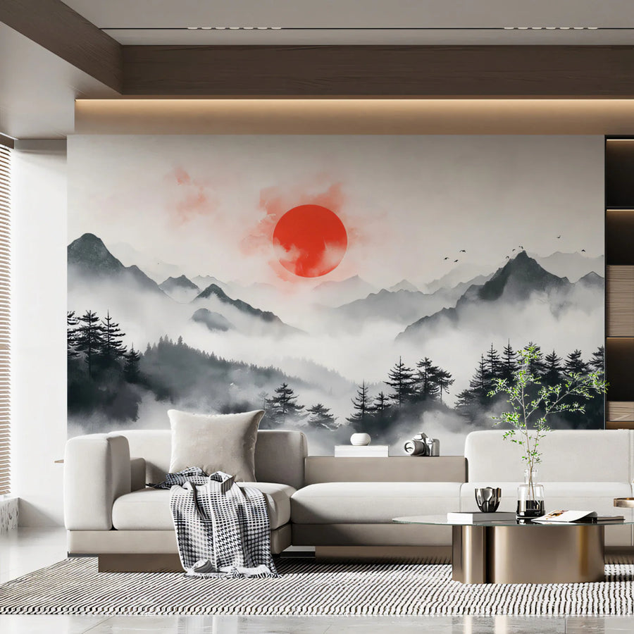 Crimson Sun Mountain Horizon Mural Wallpaper — Minimalist Zen Mural Wallpaper