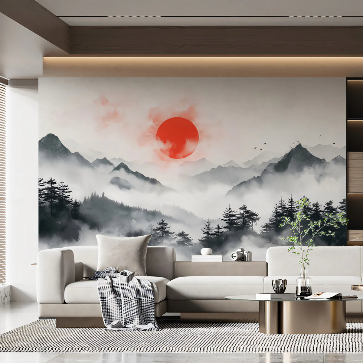 Crimson Sun Mountain Horizon Mural Wallpaper — Minimalist Zen Mural Wallpaper - pure wallpaper artwork