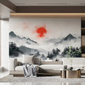 Crimson Sun Mountain Horizon Mural Wallpaper — Minimalist Zen Mural Wallpaper - pure wallpaper artwork