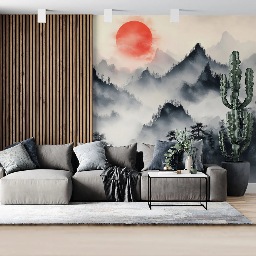 Crimson Sun Mountain Mural Wallpaper — Traditional Ink Wash Style Mural Wallpaper