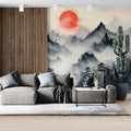 Crimson Sun Mountain Mural Wallpaper — Traditional Ink Wash Style Mural Wallpaper - pure wallpaper artwork