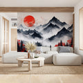 Crimson Sun and Misty Mountains Mural Wallpaper — Japanese Style Mural Wallpaper - pure wallpaper artwork