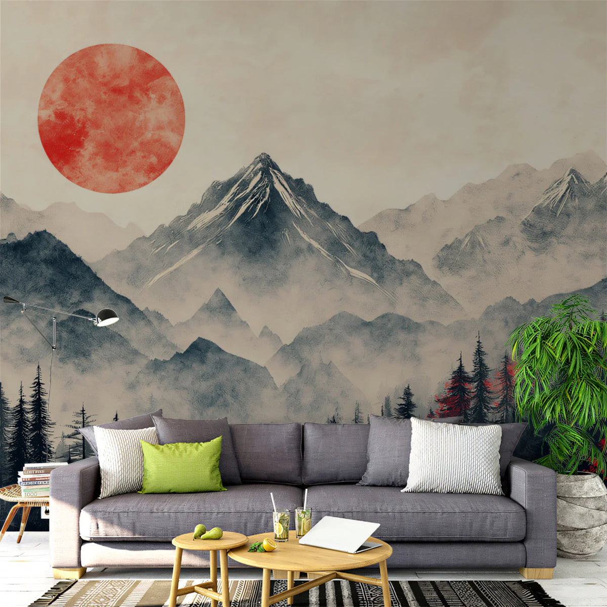 Sunrise Mountain Forest Mural Wallpaper — Impressionistic Scenery Mural Wallpaper - pure wallpaper artwork