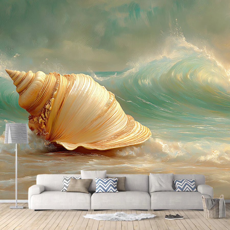 Golden Seashell and Coastal Wave Mural Wallpaper — Artistic Design Mural Wallpaper