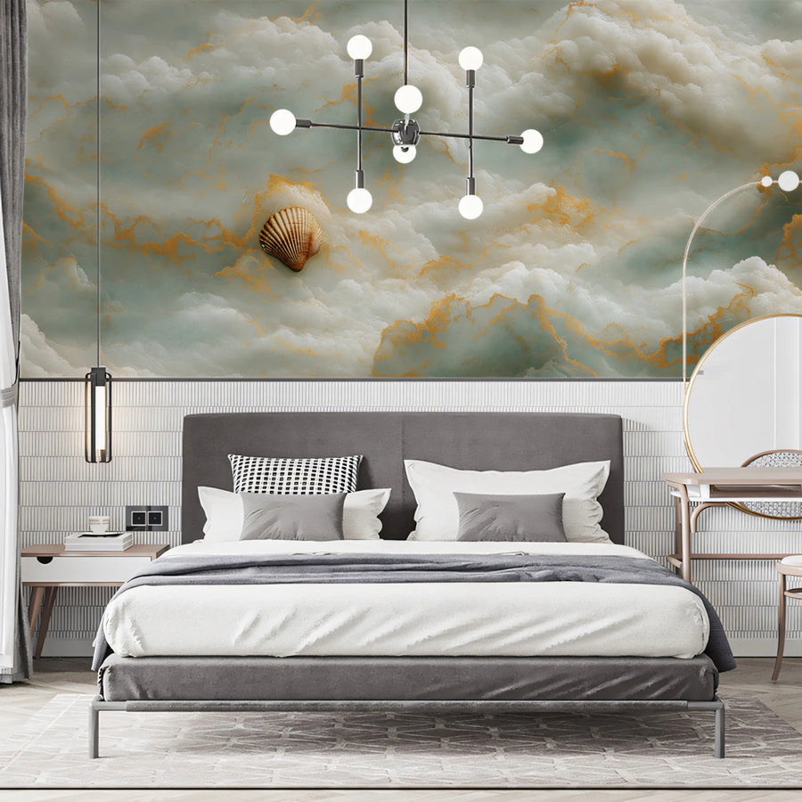 Floating Shell and Cloud Mural Wallpaper — Whimsical Dreamscape Mural Wallpaper
