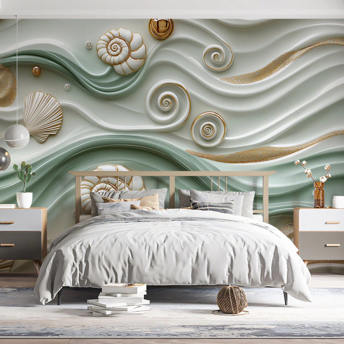 Oceanic Wave and Shell Mural Wallpaper — Coastal Luxury Mural Wallpaper - pure wallpaper artwork