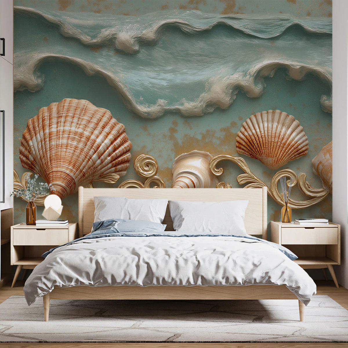 Coastal Seashell Mural Wallpaper with Ornate Gold Details Mural Wallpaper - pure wallpaper artwork