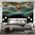 Gilded Sea Shell Mural Wallpaper — Ocean Wave Design Mural Wallpaper - pure wallpaper artwork