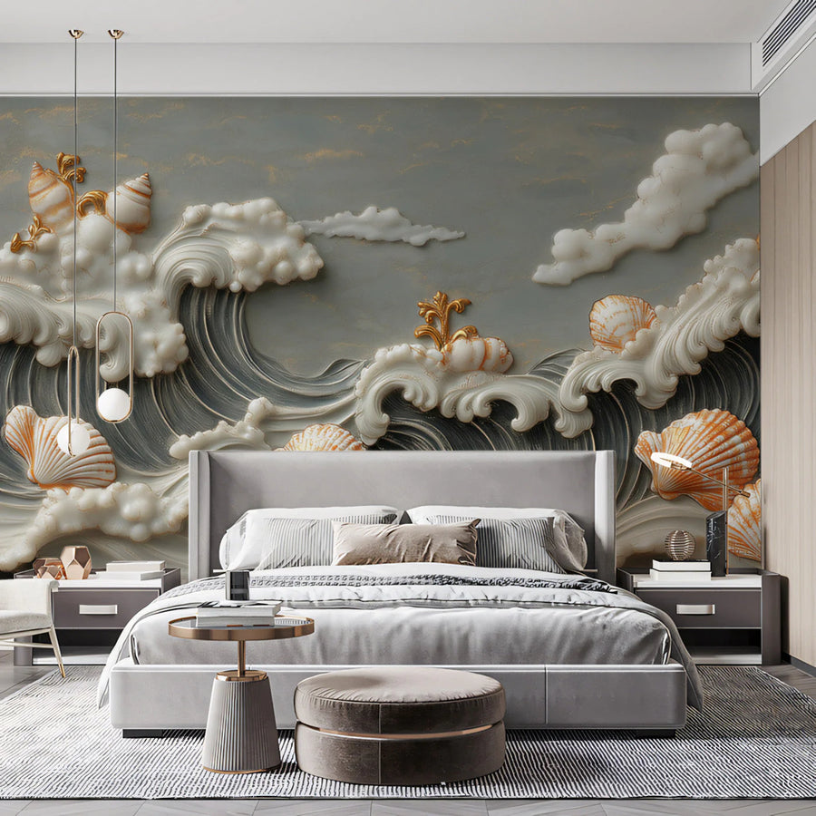 Sculpted Seashell and Ocean Wave Mural Wallpaper — Coastal Relief Mural Wallpaper
