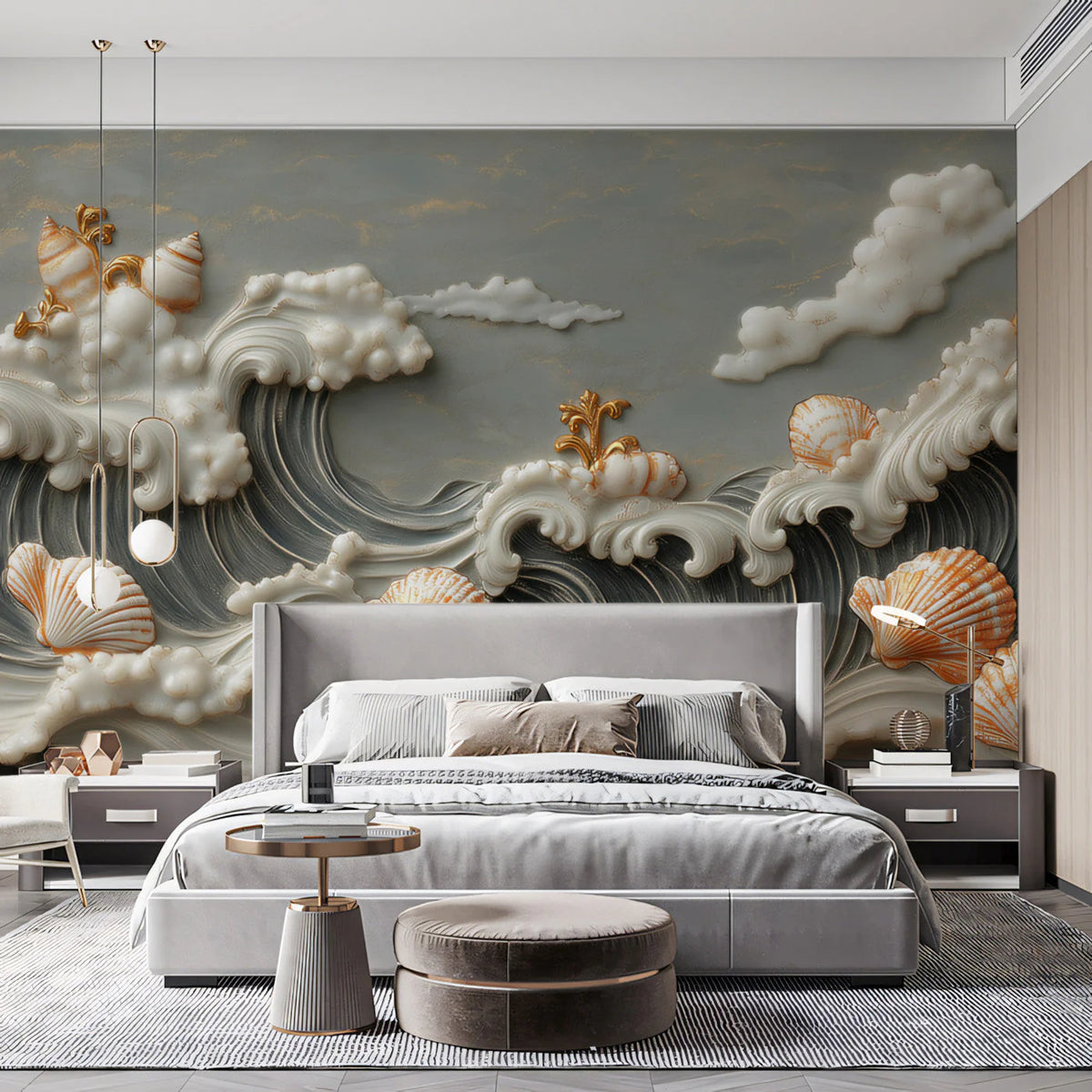 Sculpted Seashell and Ocean Wave Mural Wallpaper — Coastal Relief Mural Wallpaper - pure wallpaper artwork