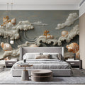 Sculpted Seashell and Ocean Wave Mural Wallpaper — Coastal Relief Mural Wallpaper - pure wallpaper artwork