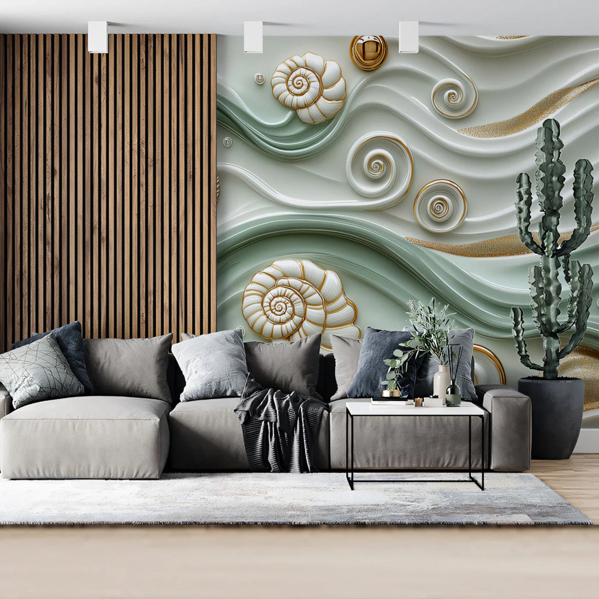 Coastal Wave and Seashell Mural Wallpaper — Fluid 3D Design Mural Wallpaper - pure wallpaper artwork