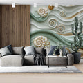 Coastal Wave and Seashell Mural Wallpaper — Fluid 3D Design Mural Wallpaper - pure wallpaper artwork