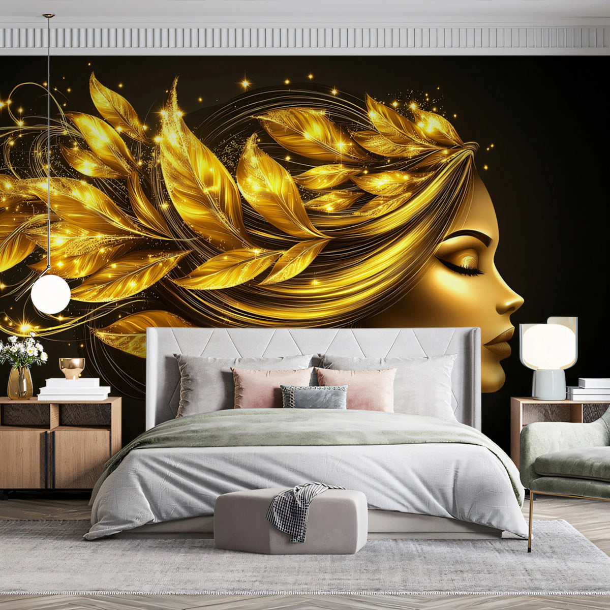 Gilded Leaf Goddess Mural Wallpaper — Modern Statement Art Mural Wallpaper - pure wallpaper artwork