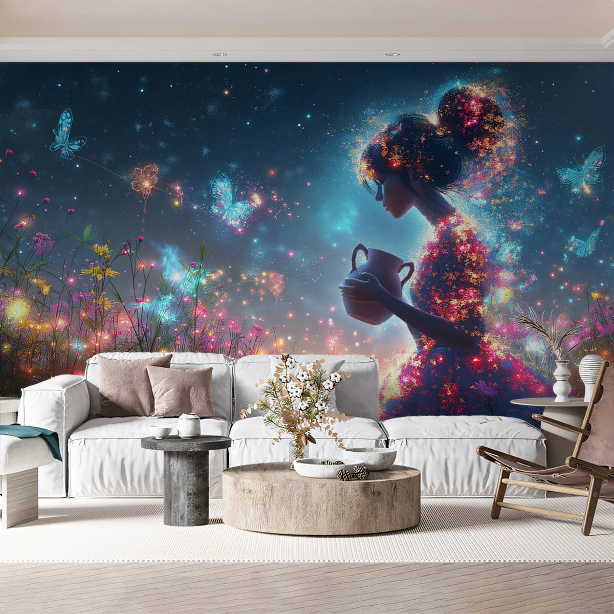 Starlit Floral Maiden Mural Wallpaper — Whimsical Night Scene Mural Wallpaper - pure wallpaper artwork