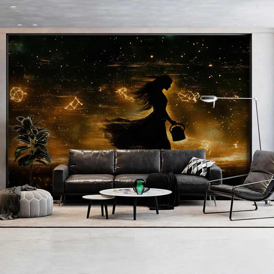 Starlit Wanderer Mural Wallpaper — Golden Celestial Silhouette Mural Wallpaper