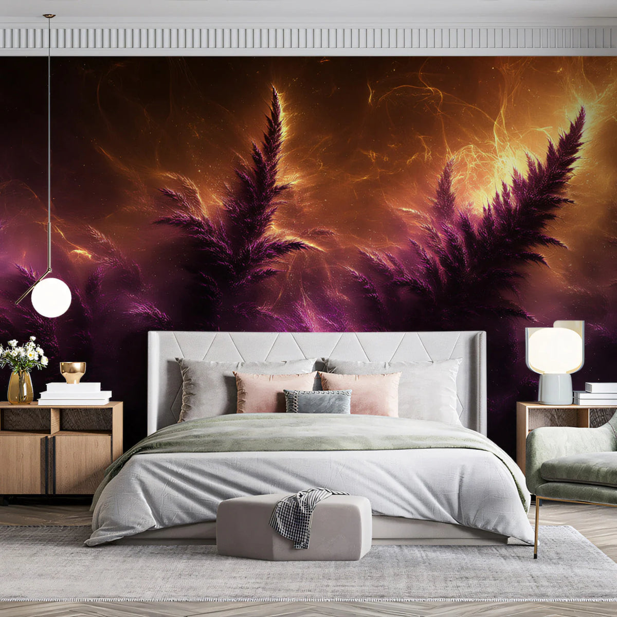 Nebula Fern Botanical Mural Wallpaper — Cosmic Purple and Gold Mural Wallpaper - pure wallpaper artwork