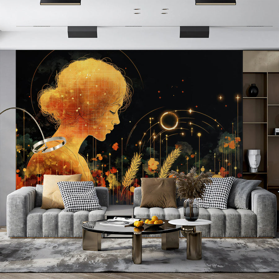 Celestial Goddess Mural Wallpaper — Golden Wheat and Starry Night Mural Wallpaper