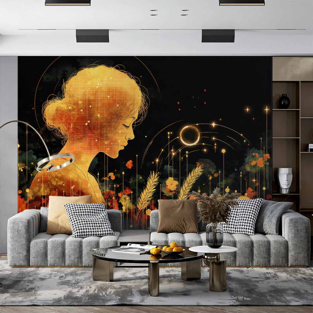 Celestial Goddess Mural Wallpaper — Golden Wheat and Starry Night Mural Wallpaper - pure wallpaper artwork