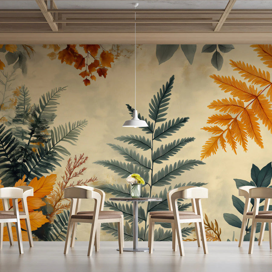 Autumn Fern Foliage Mural Wallpaper — Warm Seasonal Botanical Mural Wallpaper