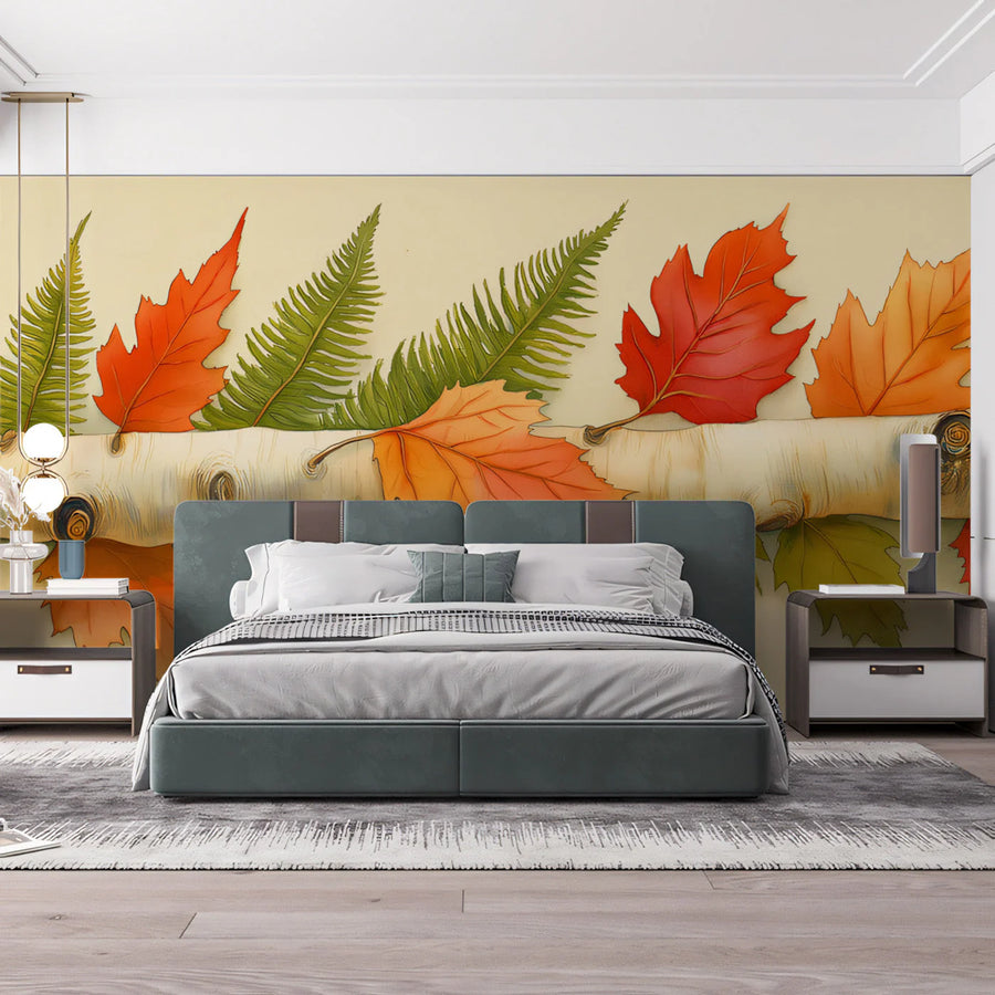 Autumn Birch and Foliage Mural Wallpaper — Rustic Seasonal Decor Mural Wallpaper