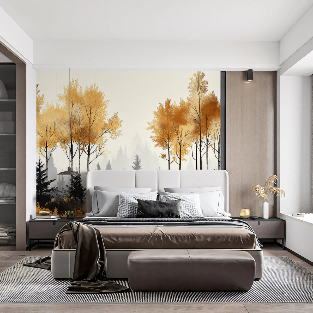 Golden Autumn Forest Mural Wallpaper — Painted Woodland Scene Mural Wallpaper - pure wallpaper artwork