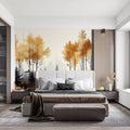 Golden Autumn Forest Mural Wallpaper — Painted Woodland Scene Mural Wallpaper - pure wallpaper artwork