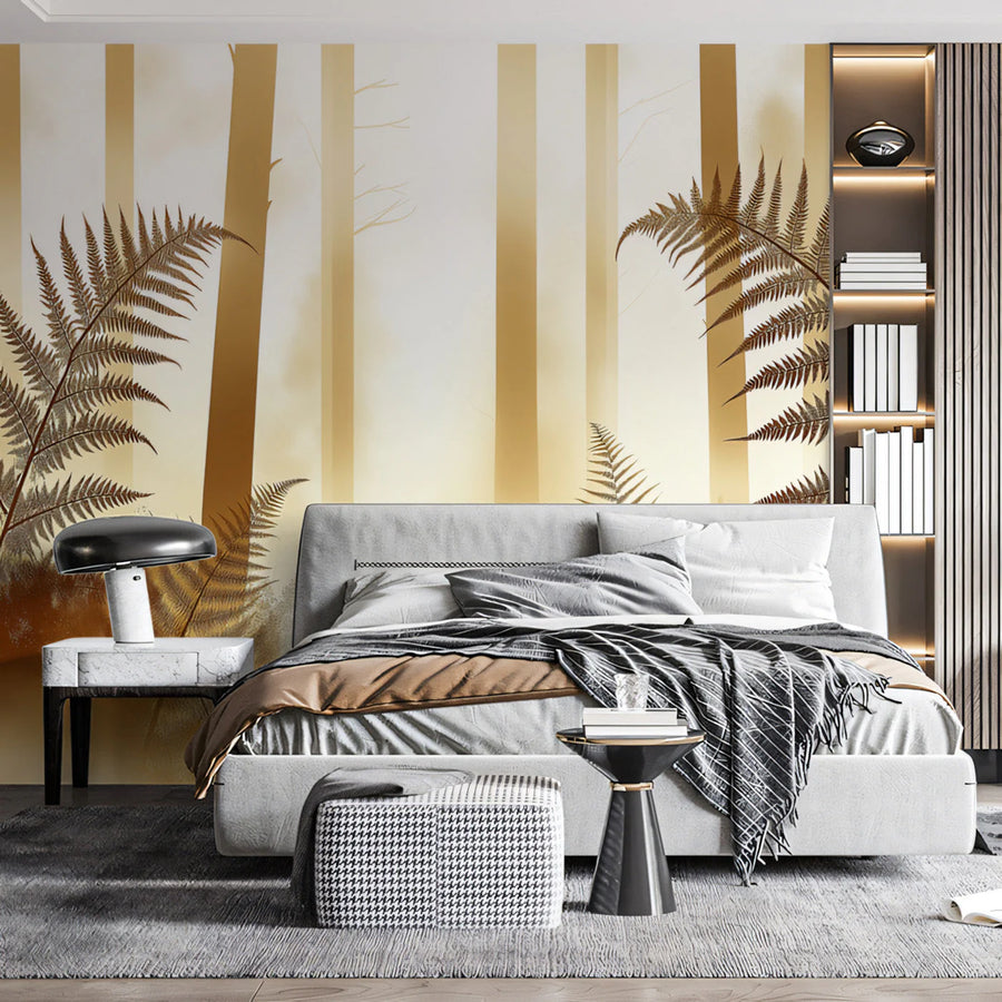 Golden Fern Forest Mural Wallpaper — Warm Atmospheric Design Mural Wallpaper