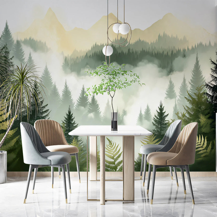 Misty Pine Forest Mural Wallpaper — Impressionistic Mountain Scene Mural Wallpaper