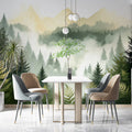 Misty Pine Forest Mural Wallpaper — Impressionistic Mountain Scene Mural Wallpaper - pure wallpaper artwork