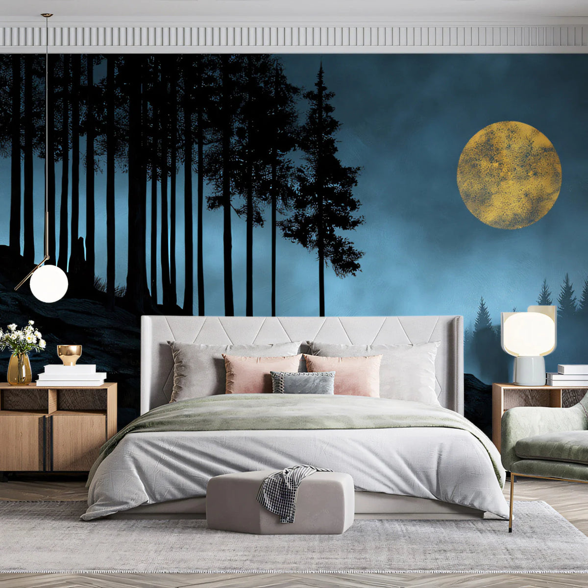 Midnight Forest Moon Mural Wallpaper — Dark Landscape Aesthetic Mural Wallpaper - pure wallpaper artwork