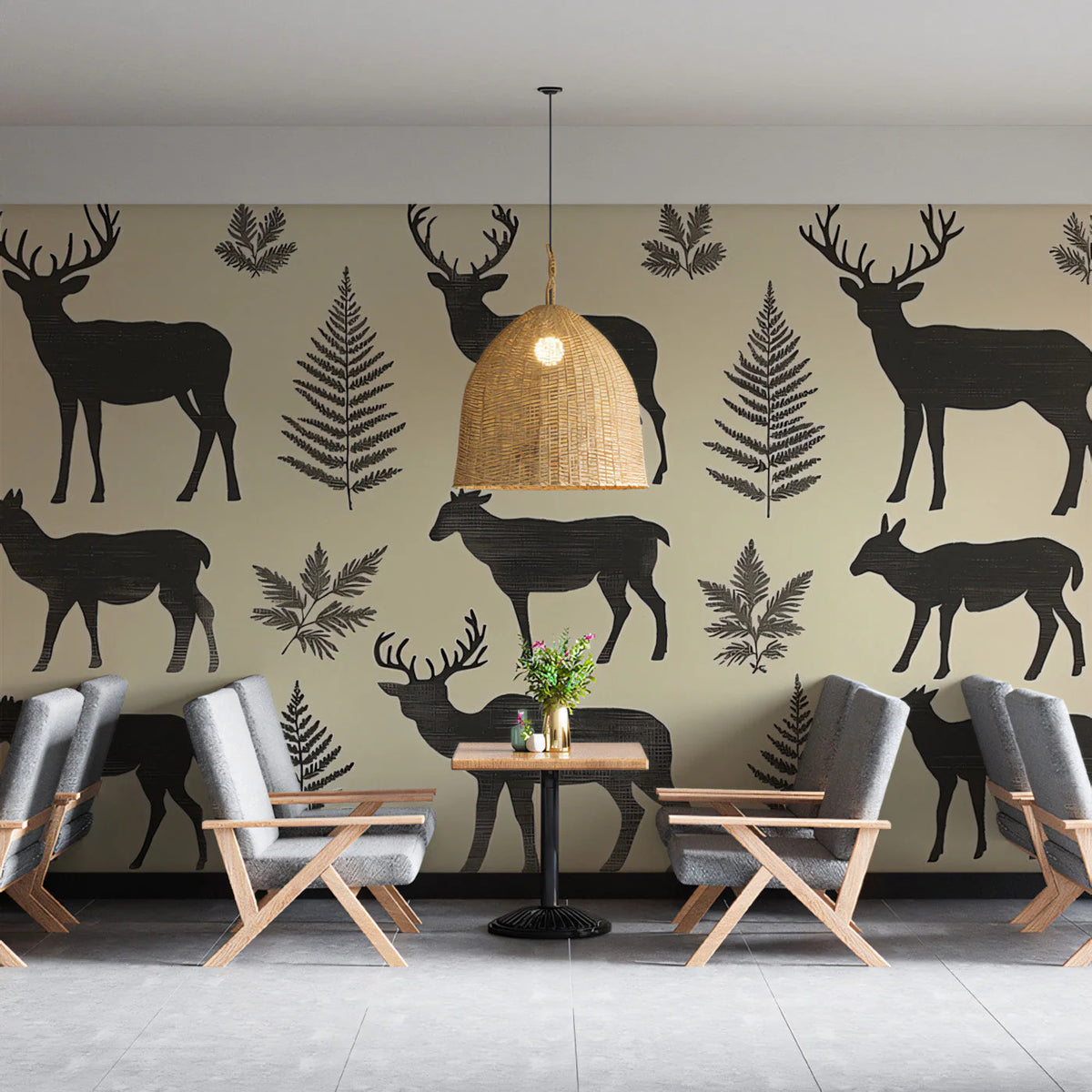 Rustic Deer and Fern Mural Wallpaper — Graphic Wildlife Pattern Mural Wallpaper - pure wallpaper artwork