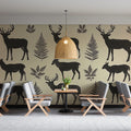 Rustic Deer and Fern Mural Wallpaper — Graphic Wildlife Pattern Mural Wallpaper - pure wallpaper artwork