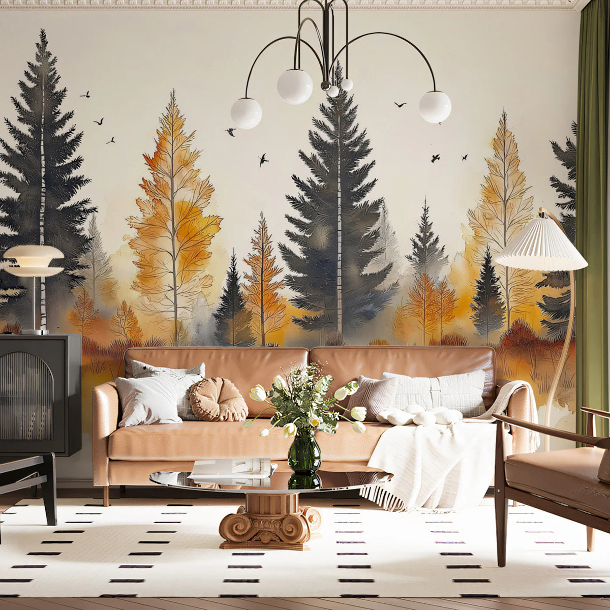 Autumn Mist Woodland Mural Wallpaper — Watercolor Forest Design Mural Wallpaper - pure wallpaper artwork